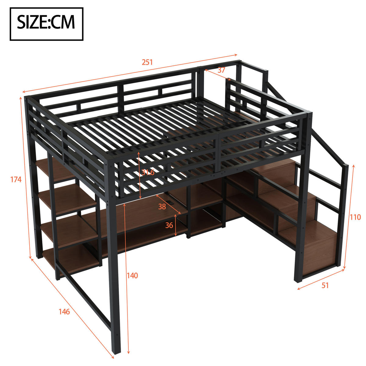 HOCHBETT 140/200 cm schwarz mit TV-Ständer und Steckdose - Schwarz, Metall (140/200cm) - OKWISH
