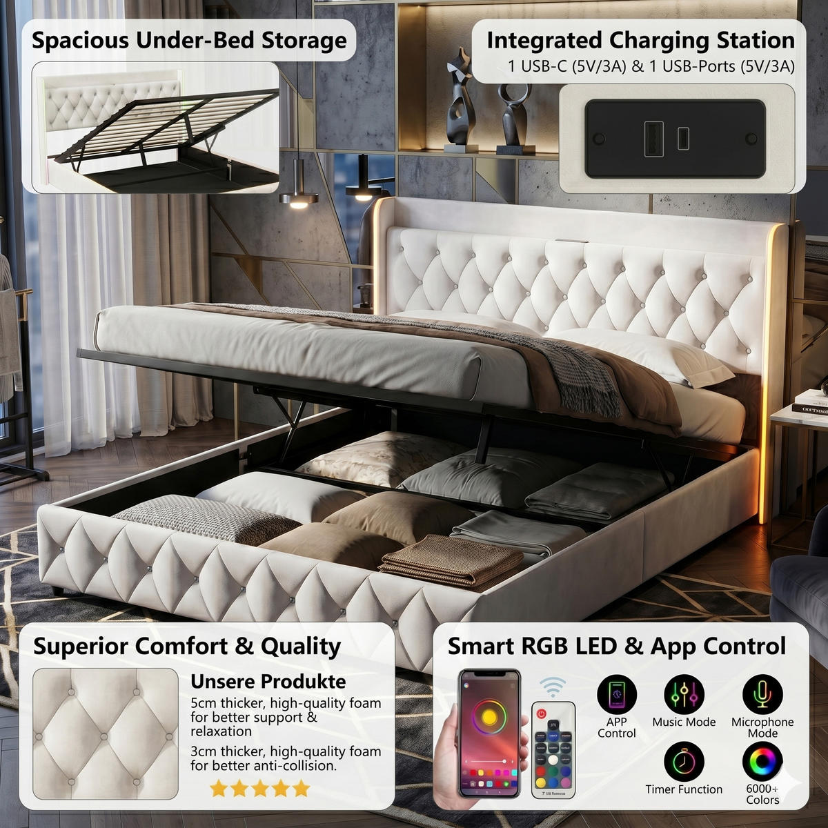 POLSTERBETT Rautensteppung 140/200 cm mit Bettkasten & Lauflicht-LED Samtoptik Beige - Beige, Textil (140/200cm) - Creahappy