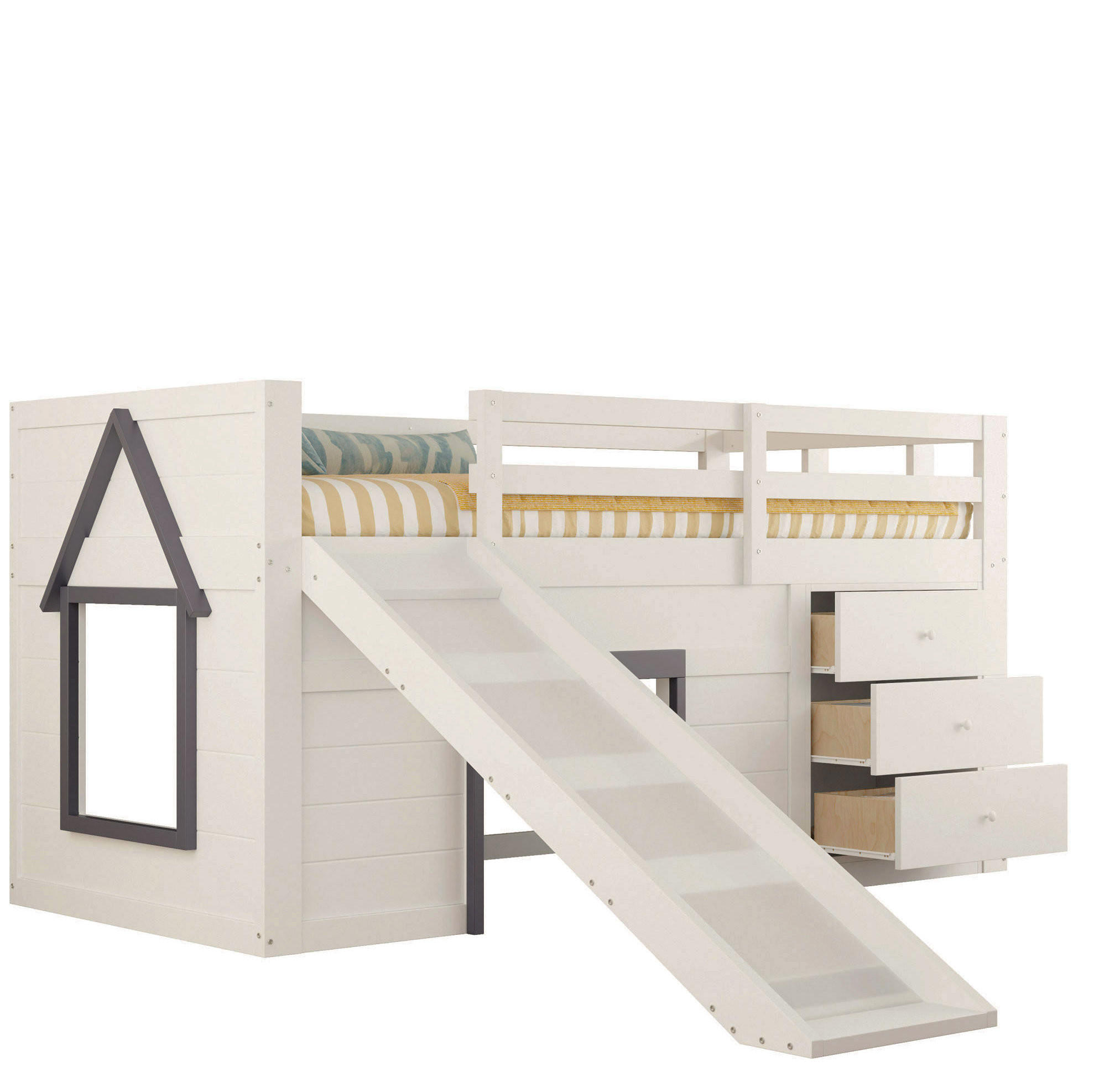 HOCHBETT 90/200 cm in Creme – mit Rutsche und Stauraum - Weiß, Holzwerkstoff (90/200cm) - BEAOK