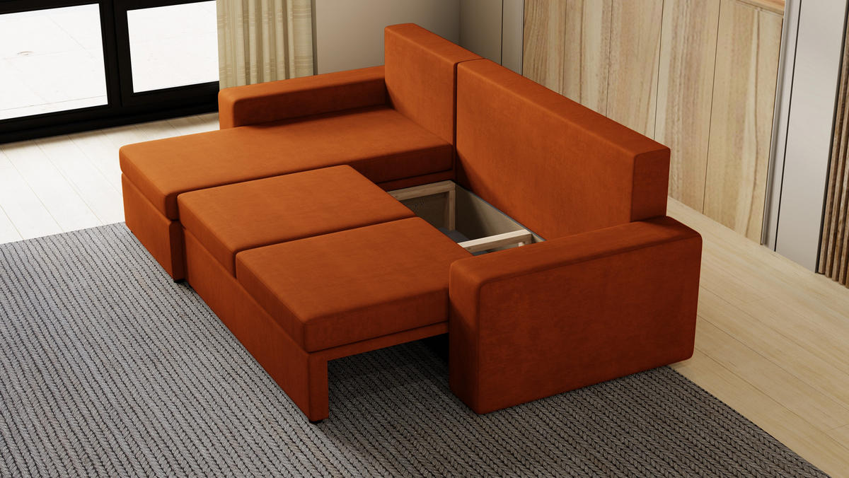 ECKSOFA Paco mit Bettkasten und Schlaffunktion, L-Form/XL-Form, Velourstoff, Universal - Rostfarben, Holzwerkstoff (246/145cm) - 4ALL HOME