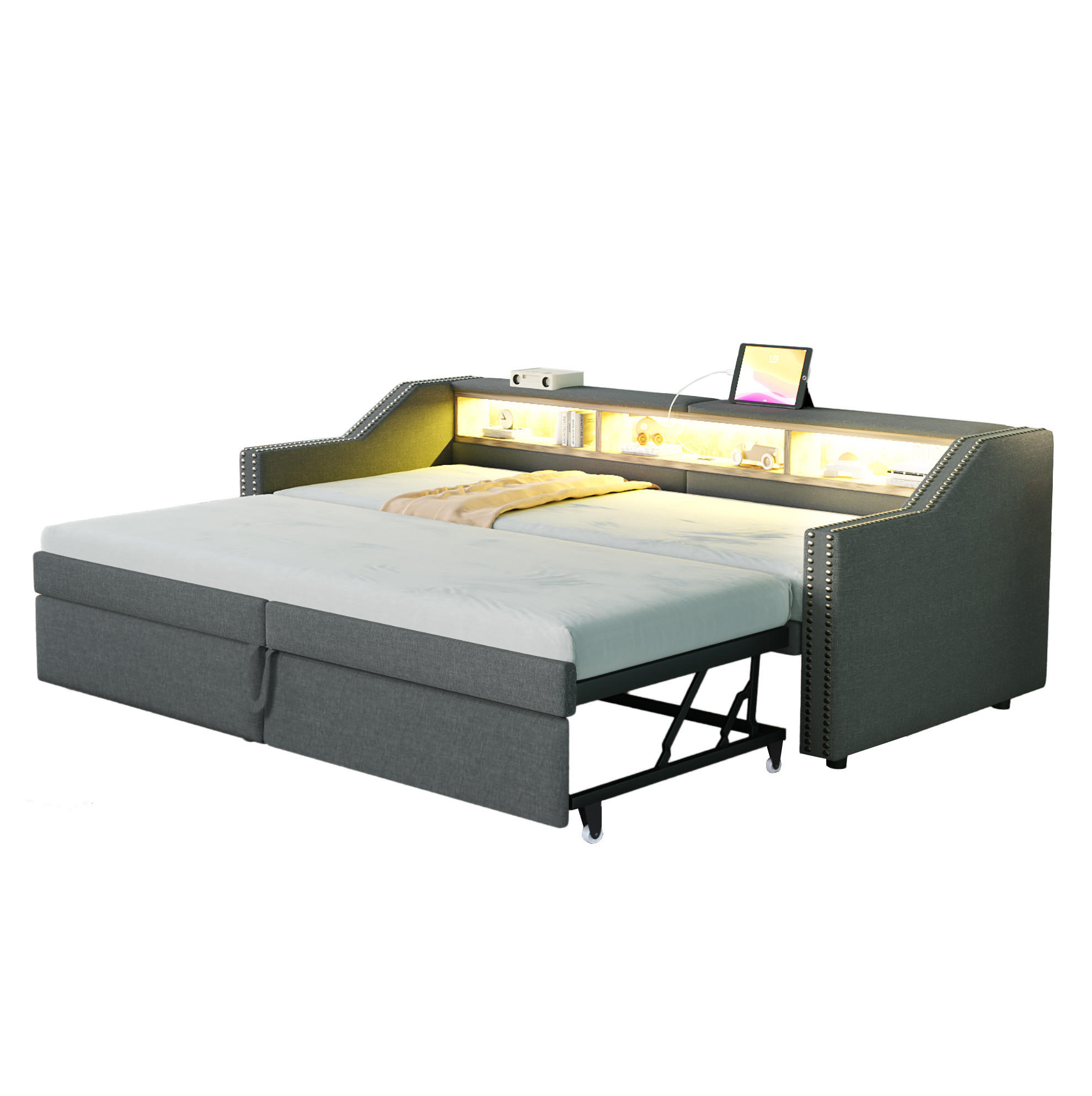 Redom POSTEL 90/180 x 200 cm s rozkládacím lůžkem, LED osvětlením, USB portem a úložnými přihrádkami, Tmavě šedá