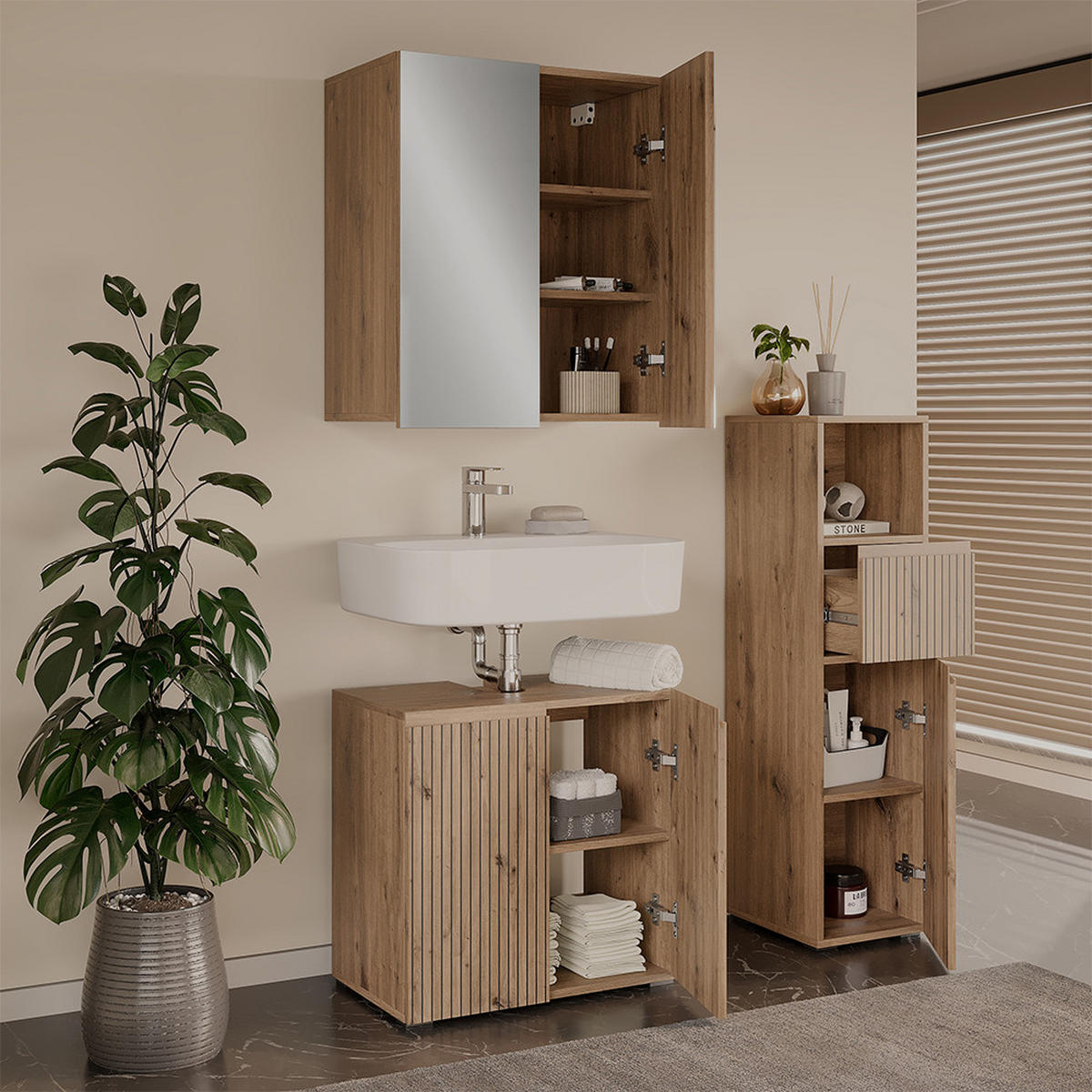 BADMÖBEL-SET Takumi Artisan 3 Teile - Hellgrau, Holzwerkstoff (60/58/35cm) - Vicco