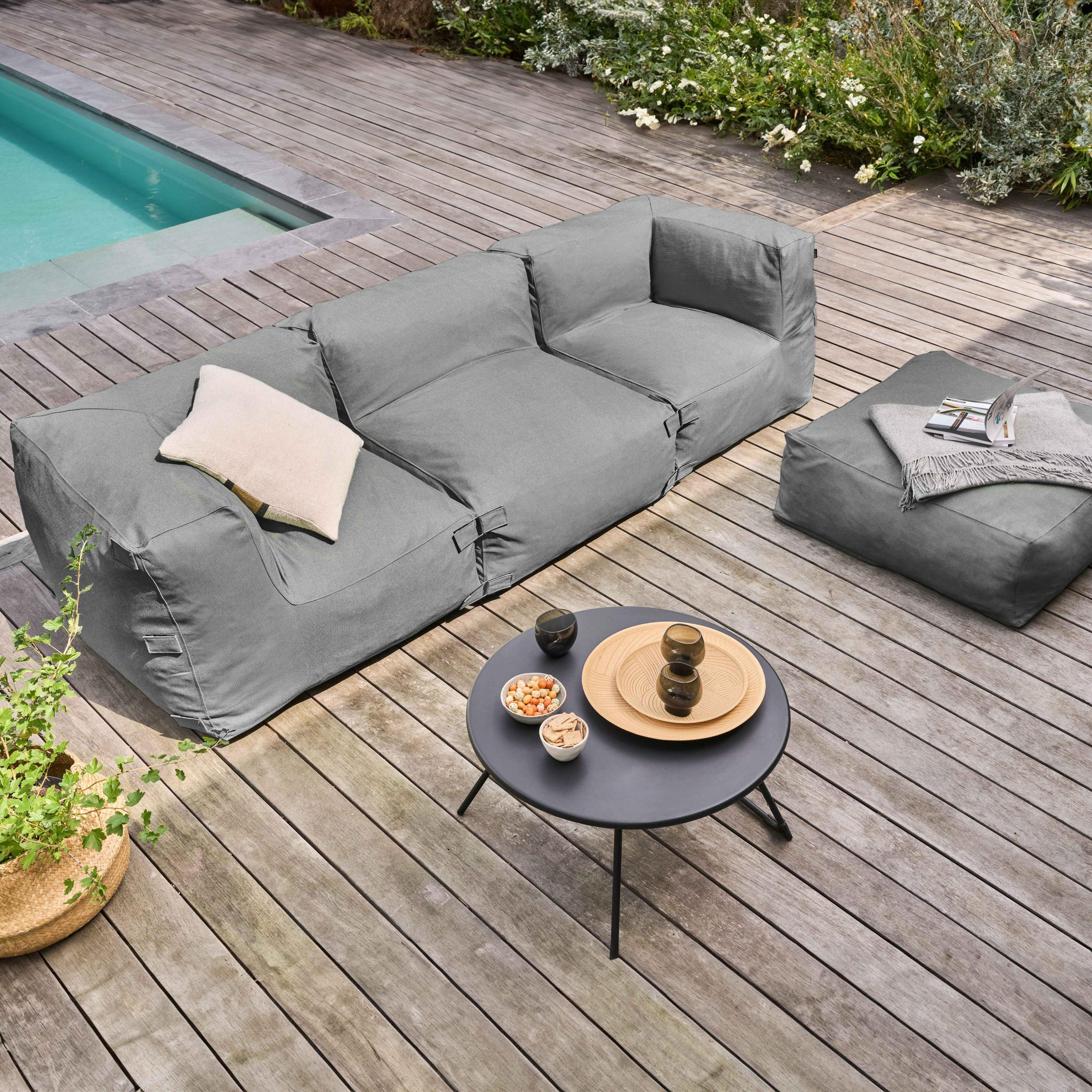 GARTENSOFA mit 4 Sitzplätzen, Grau - Grau, Textil (85/65/255cm) - Oviala