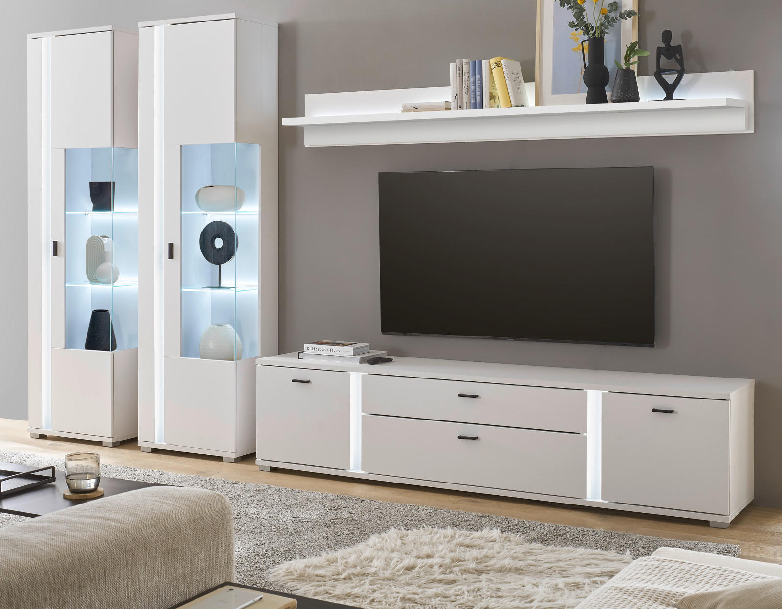 WOHNWAND weiß matt, Wohnkombination inklusive Frontbeleuchtung 330 x 200 cm - Weiß, Holzwerkstoff (330/200/42cm) - Furn.Design