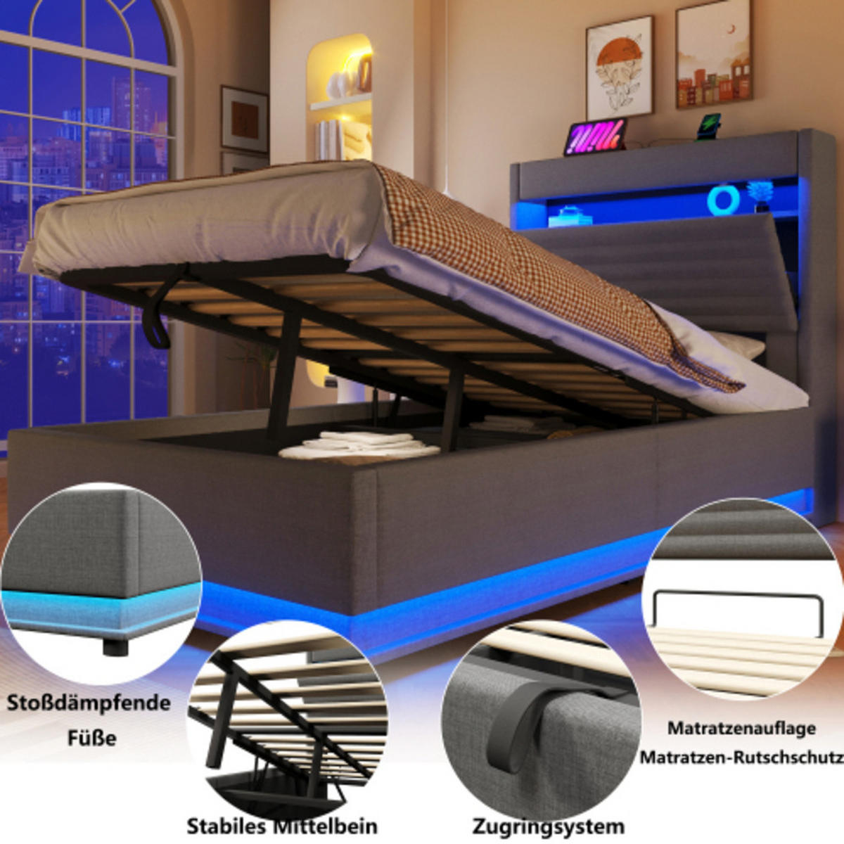 POLSTERBETT grau 218×92,5×113 cm aus Leinen-Stoff mit Hydraulik-Stauraum, doppelte LED-Leisten - Grau, Textil (90/200cm) - Luhomfu
