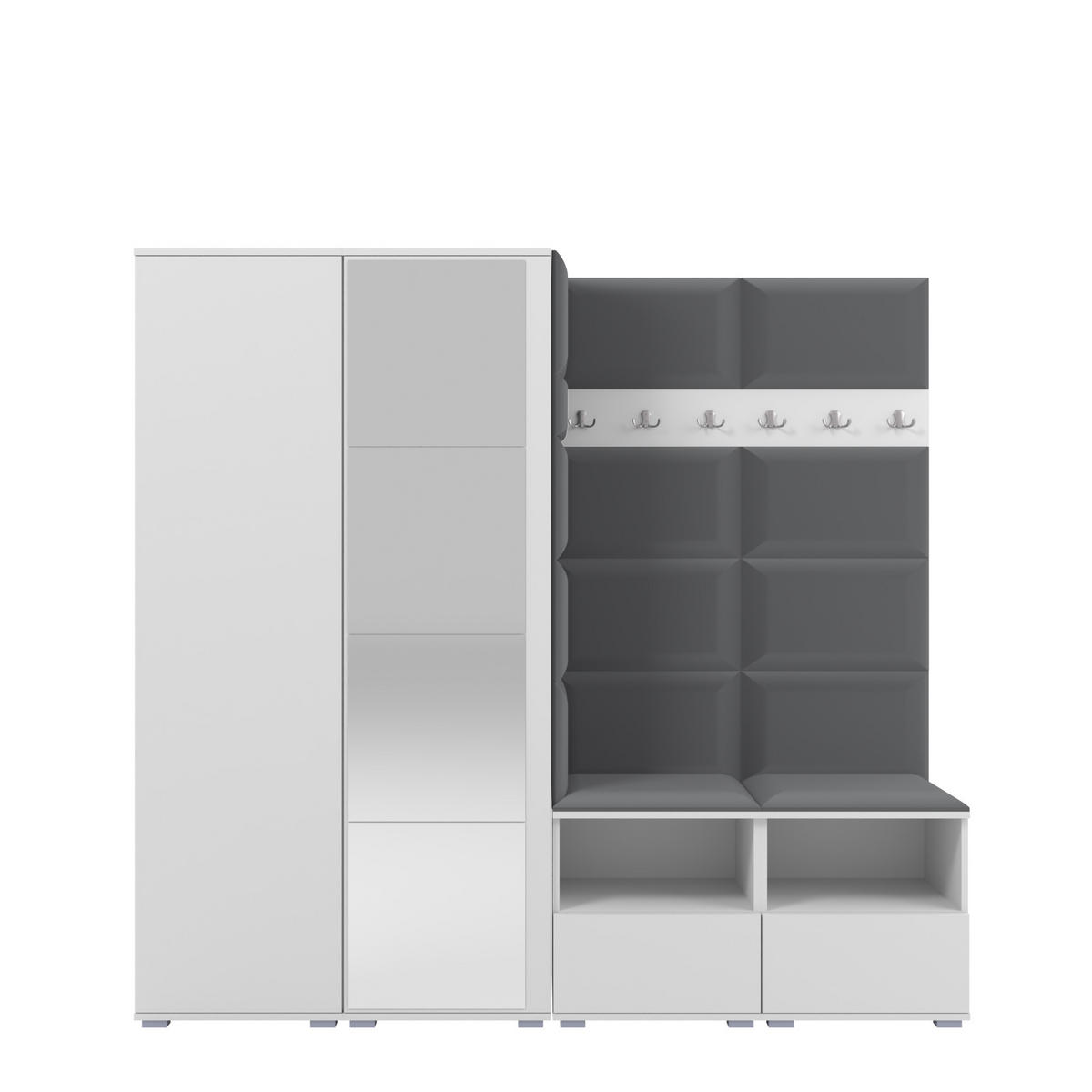 GARDEROBE NELA VI 200 cm (Kompaktgarderobe Weiß mit Spiegel & Sitzpolster Dunkelgrau 15 Schrank & Paneel) - Dunkelgrau/Silberfarben, Holz/Holzwerkstoff (200/187/40cm) - Ravio