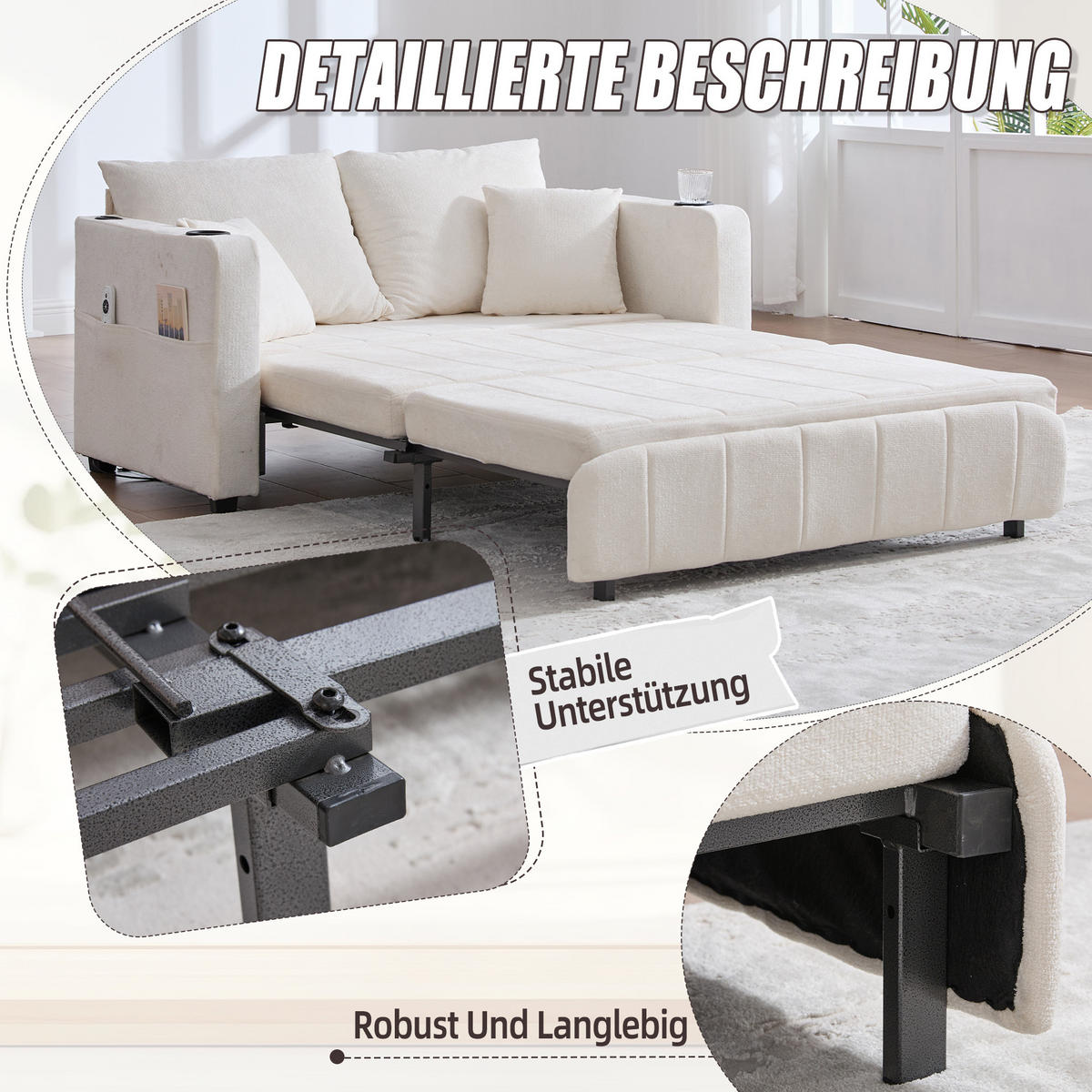 SCHLAFSOFA klappbar mit USB und Getränkehaltern, Beige - Beige, Textil (139/83/73cm)