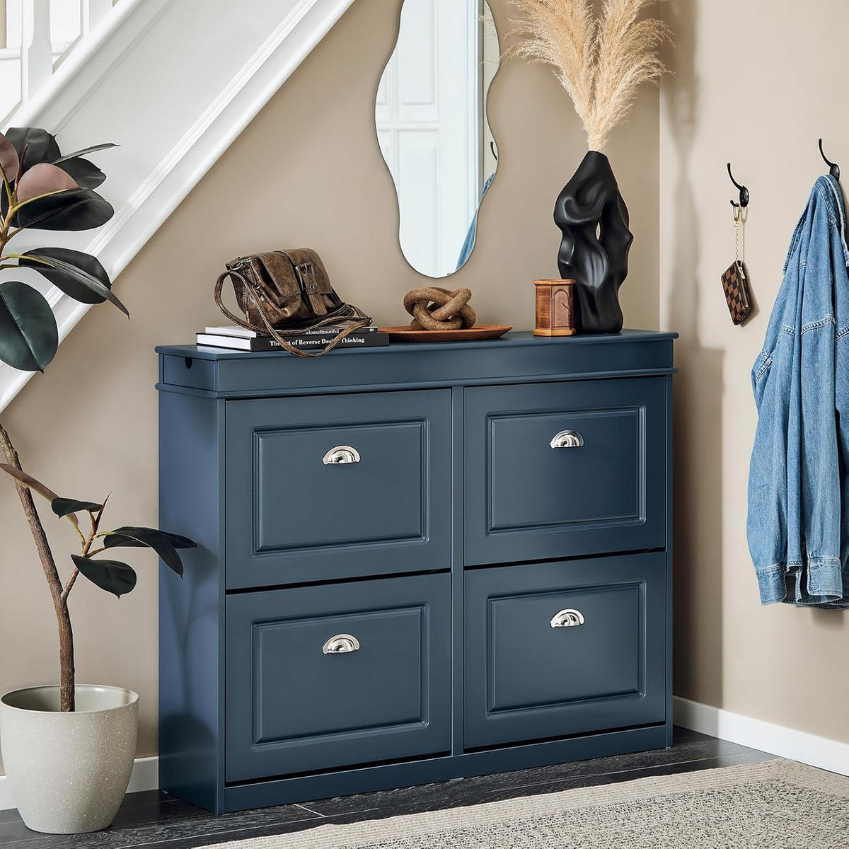 SCHUHKIPPER mit 4 Klappen, mit 8 Ablagen,105x82x24cm Blau - Blau, Holzwerkstoff (82/105/24cm) - Kaket