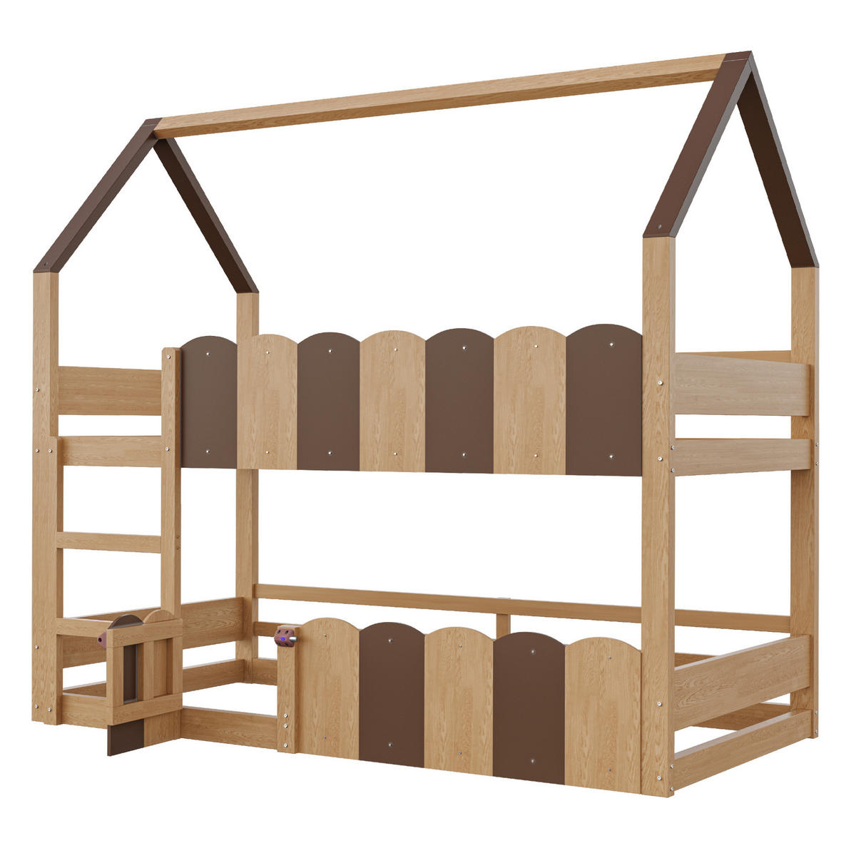 ETAGENBETT aus Holz 90x200 cm Naturholz mit Hausdesign, Sicherheitsgeländern und Lattenrost - Naturfarben, Holz (90/200cm) - Modfu