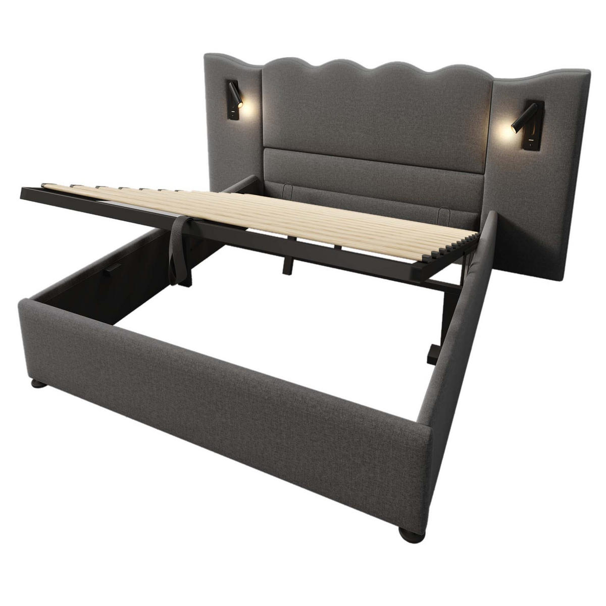 POLSTERBETT 160/200 cm Grau aus Leinen mit Matratze, Stauraum, Leselampe und USB-C - Grau, Textil (160/200cm) - OKMYHOME