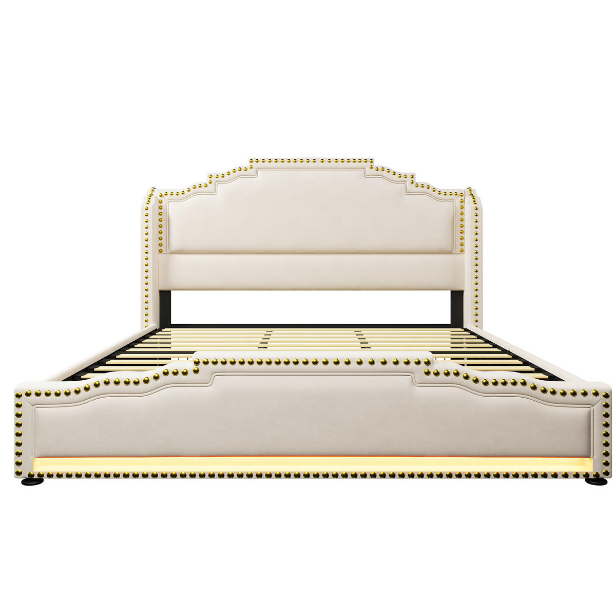 BETT mit 4 Schubladen 180x200 cm Samt Beige mit LED und USB-C - Beige, Metall (180/200cm) - Meubliv