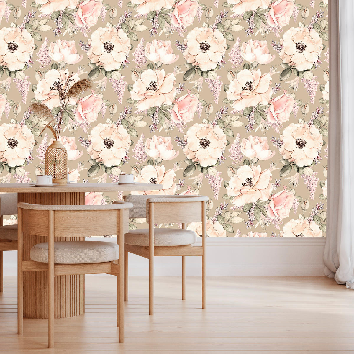 VLIESTAPETE Vintage-Rosen und Pfingstrosen – Rosa, Beige, Grün – 50x1000 cm - Beige/Rosa, Papier (50/1000cm) - Muralo