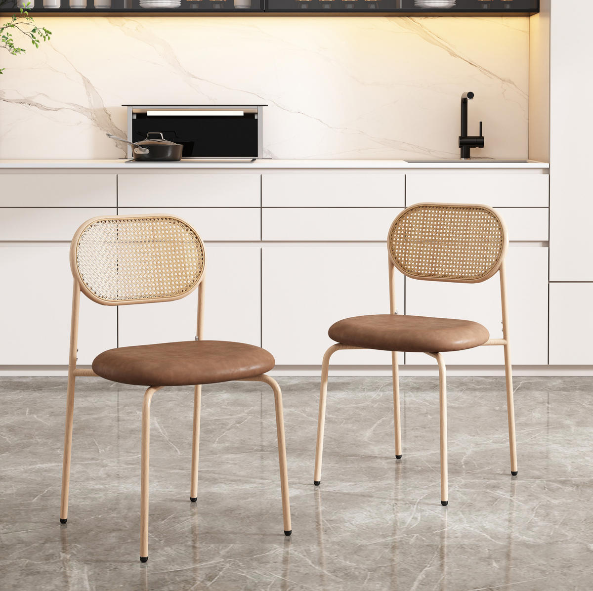 ESSZIMMERSTUHL 2er-Set mit Rattan-Rückenlehne PU Braun - Braun, Metall (43/80/48cm) - Meubliv