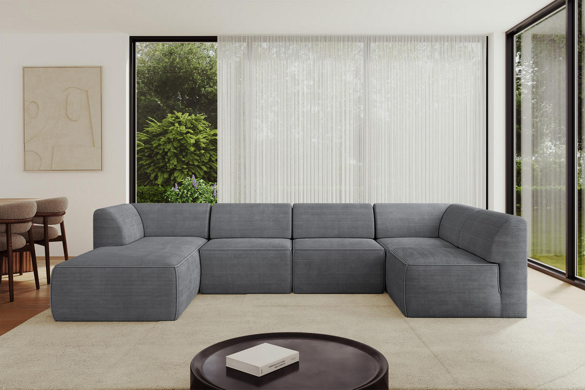 WOHNLANDSCHAFT Ottomane Links MOVO-L 345x180x78 cm Dunkelgrau Cord - Dunkelgrau, Holzwerkstoff/Kunststoff (345/78/180cm) - ALTDECOR