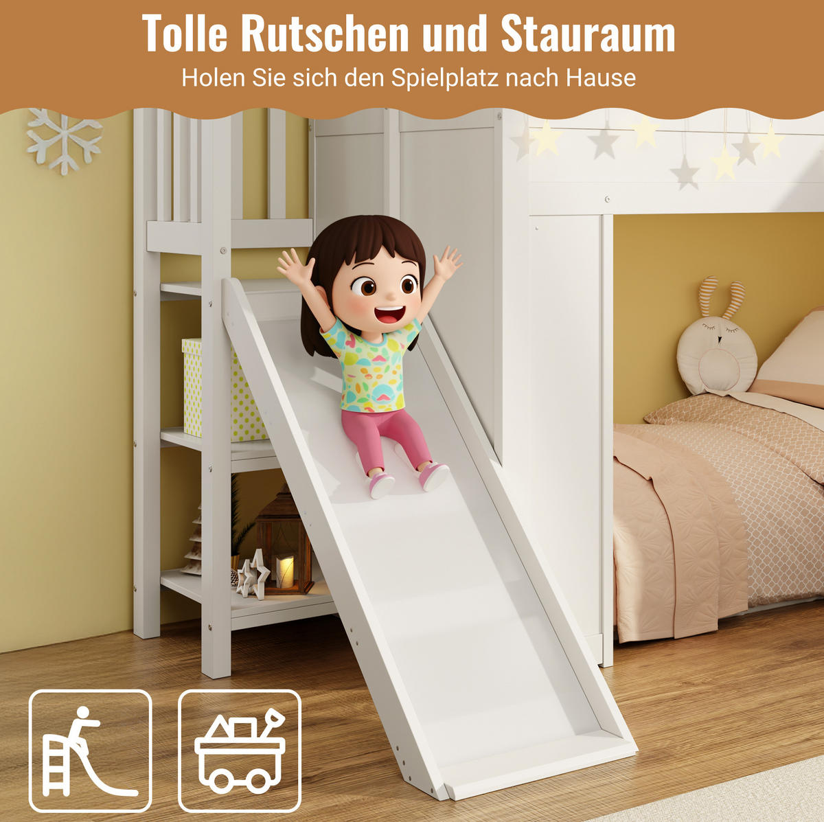 HOCHBETT aus Kiefernholz und MDF 90x200 cm Weiß mit Rutsche, Eckstauraumtreppe, LED-Lichtleiste und Lattenrost - Weiß, Holzwerkstoff (90/200cm) - Modfu