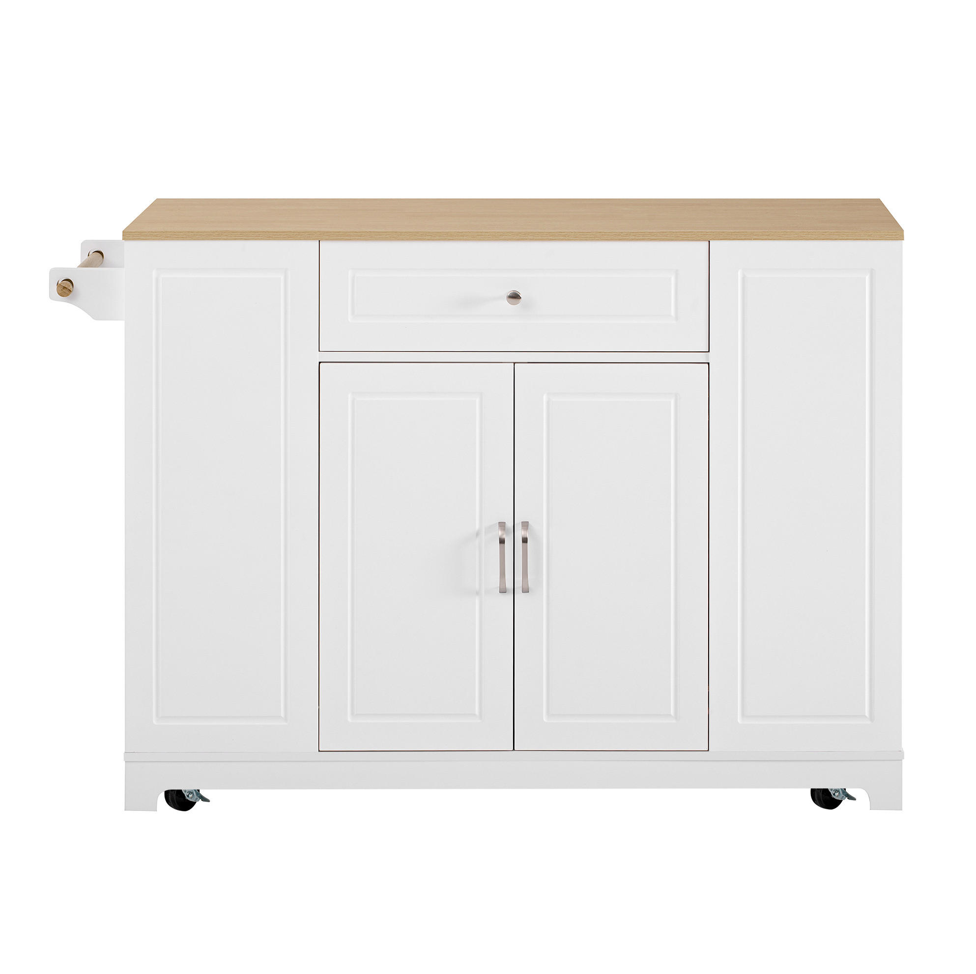 Modfu KUCHYŇSKÝ ostrůvek z MDF 131,8x40-70x93,3 cm bílá/přírodní s kolečky, výklopnou deskou a zásuvkami