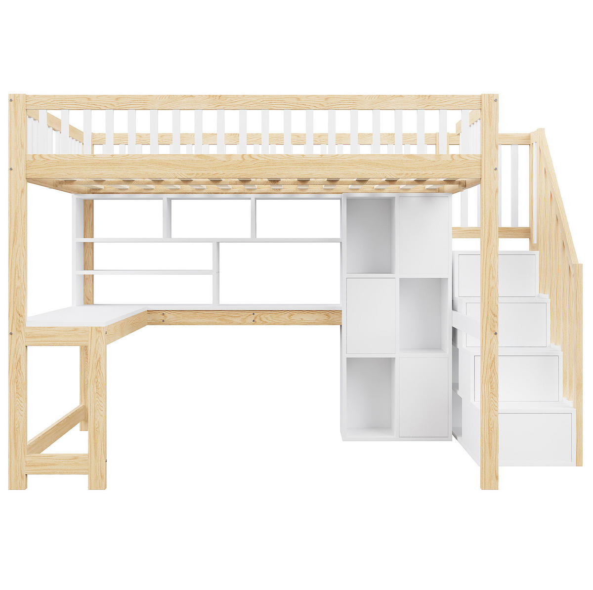 HOCHBETT 140/200 cm aus Kiefernholz und MDF mit Schreibtisch und LED-Beleuchtung Weiß/Natur - Naturfarben, Holz (140/200cm) - Modenvie