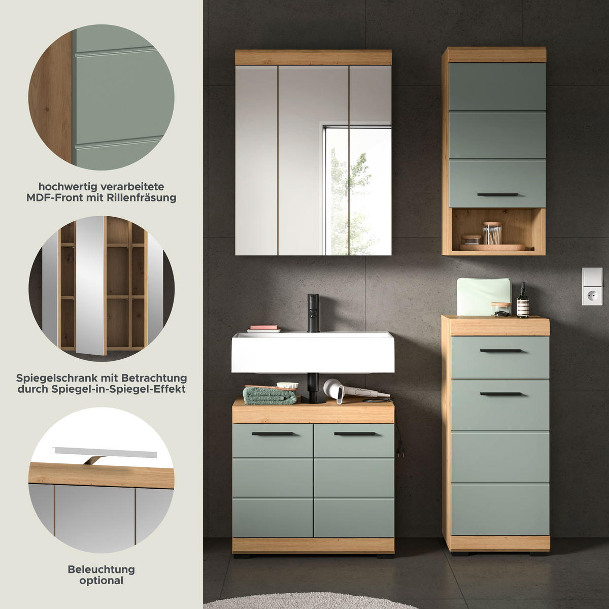 BADKOMBINATION 4tlg. Scout Bad in Artisan Eiche Nachbildung und Salbei Nachbildung B/H/T: 112x191x34 cm - Eiche Artisan, Holz (112/191/34cm)