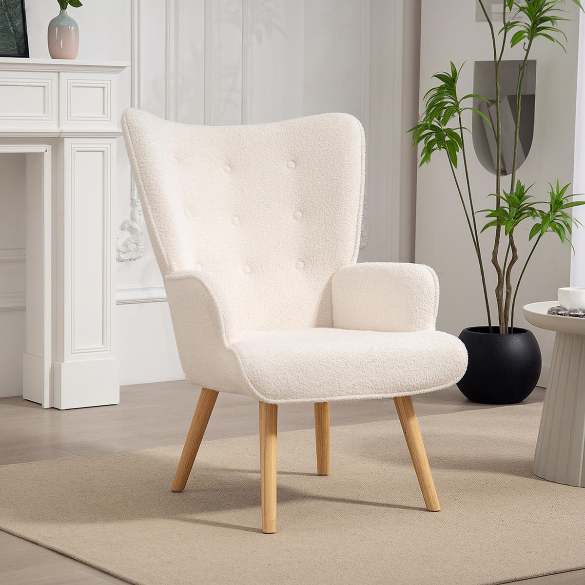 SESSEL DE-13279 Bouclé-Stoff & Knopfheftung Beige - Beige, Holz (71/96/74cm) - ComfortXL