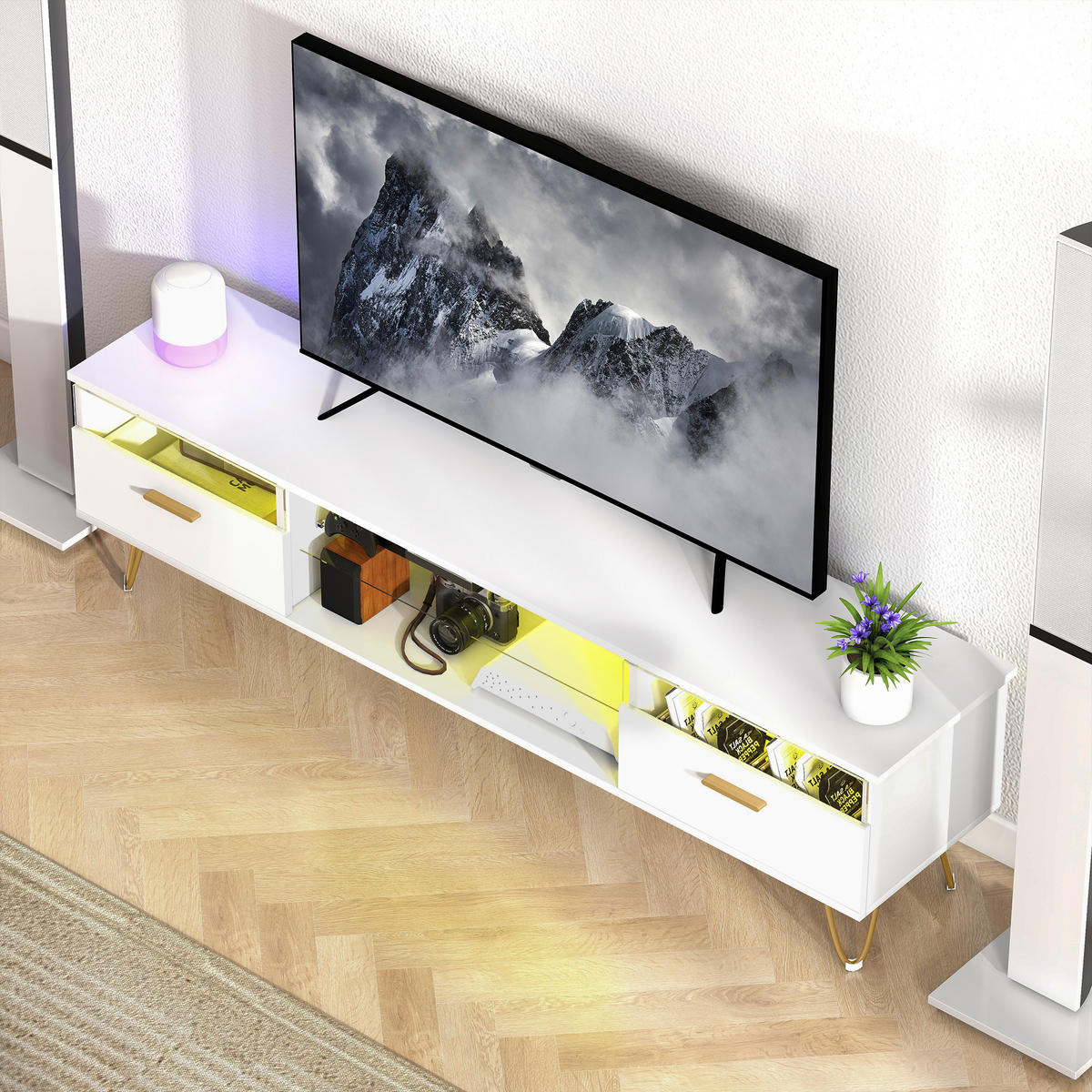 LOWBOARD Weiß 160/35/42 cm, LED-Beleuchtung, Soft-Close, Metallfüße - Weiß, Holzwerkstoff (160/42/35cm) - PANGIVO