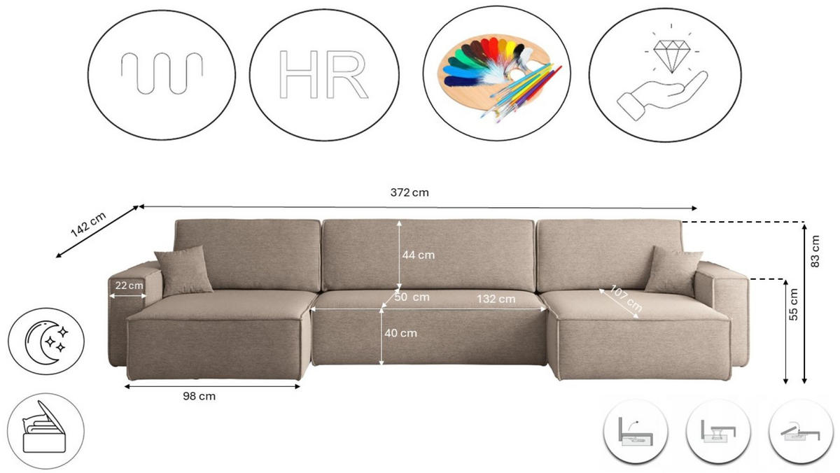 ECKSOFA Mit Schlaffunktion Und Bettkasten, Eckcouch BEST U XL Stoff Verita Warmbeige - Ecru, Holz (142/372cm) - Kaiser Möbel