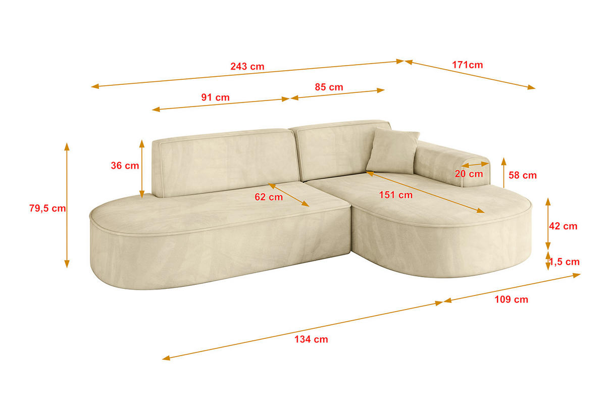 ECKSOFA Ottomane Rechts MARI-L1 - 243x171x79 cm Beige Velours - Beige/Schwarz, Holzwerkstoff/Kunststoff (171/243cm) - ALTDECOR