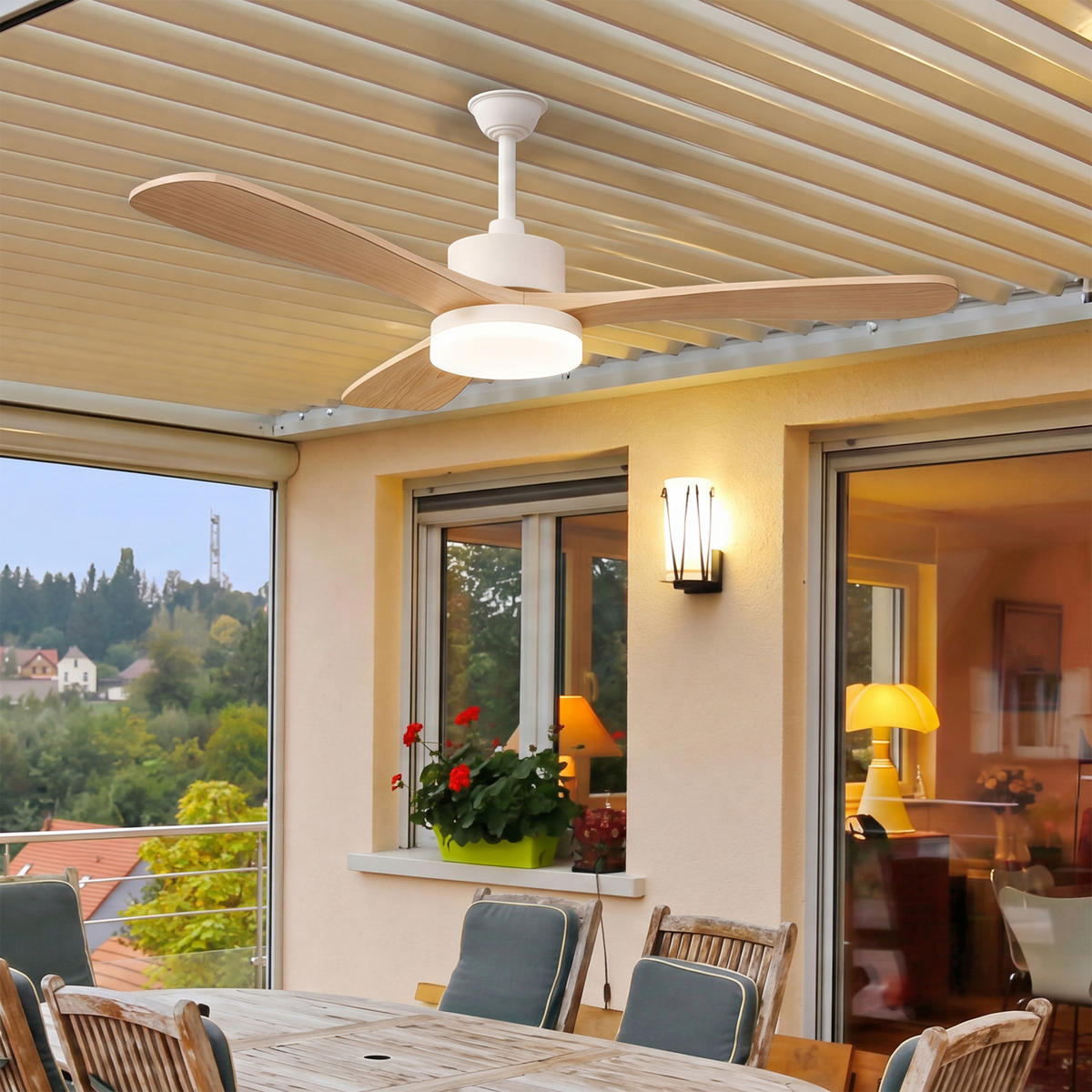 DECKENVENTILATOR mit LED-Licht, 106,6 cm, 3 Holzflügel, 6 Stufen & Timer - Naturfarben, Metall (106.6/106.6/52cm) - EuroLiving