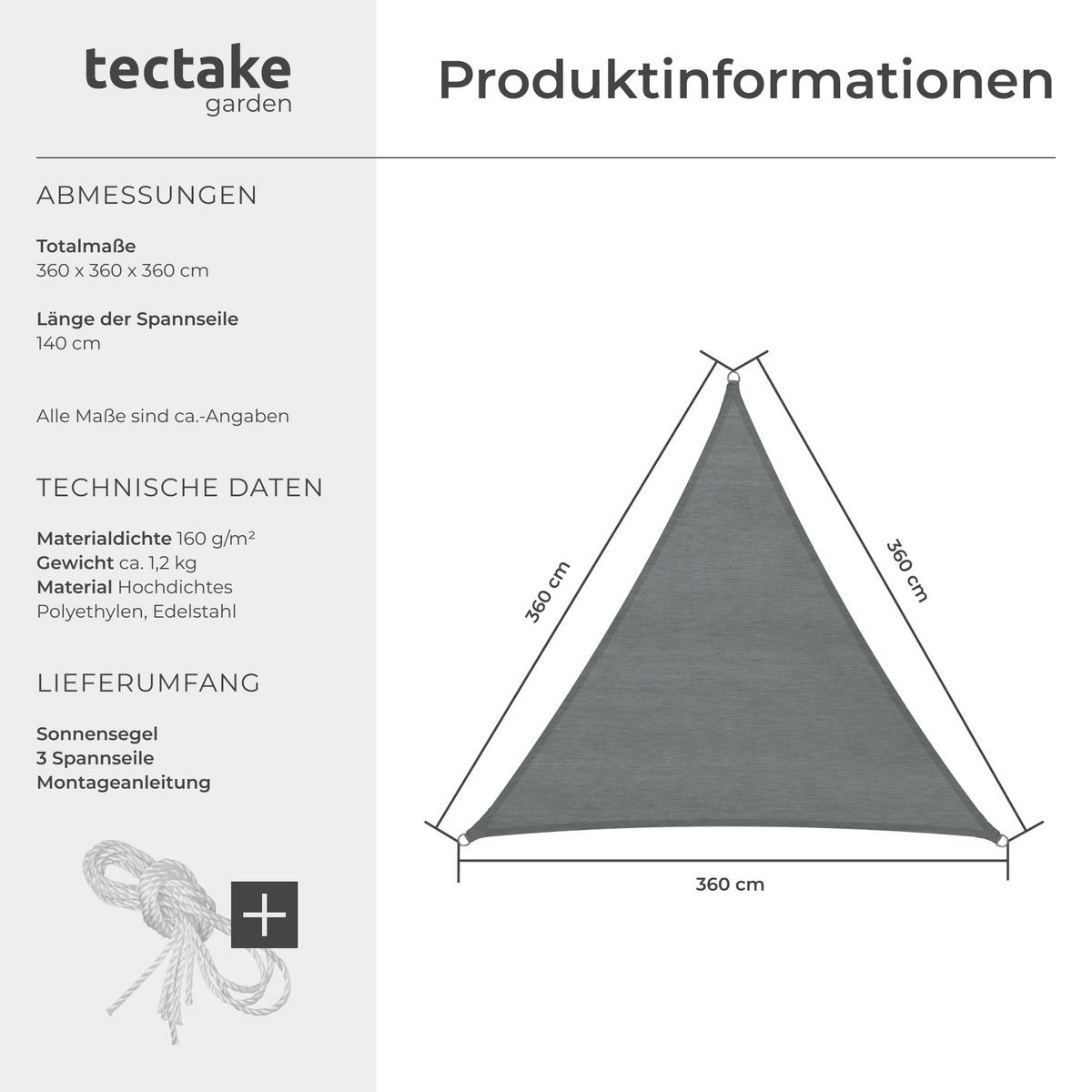 SONNENSEGEL , inklusive Spannseile, grau - Grau, Kunststoff (360/360cm) - tectake