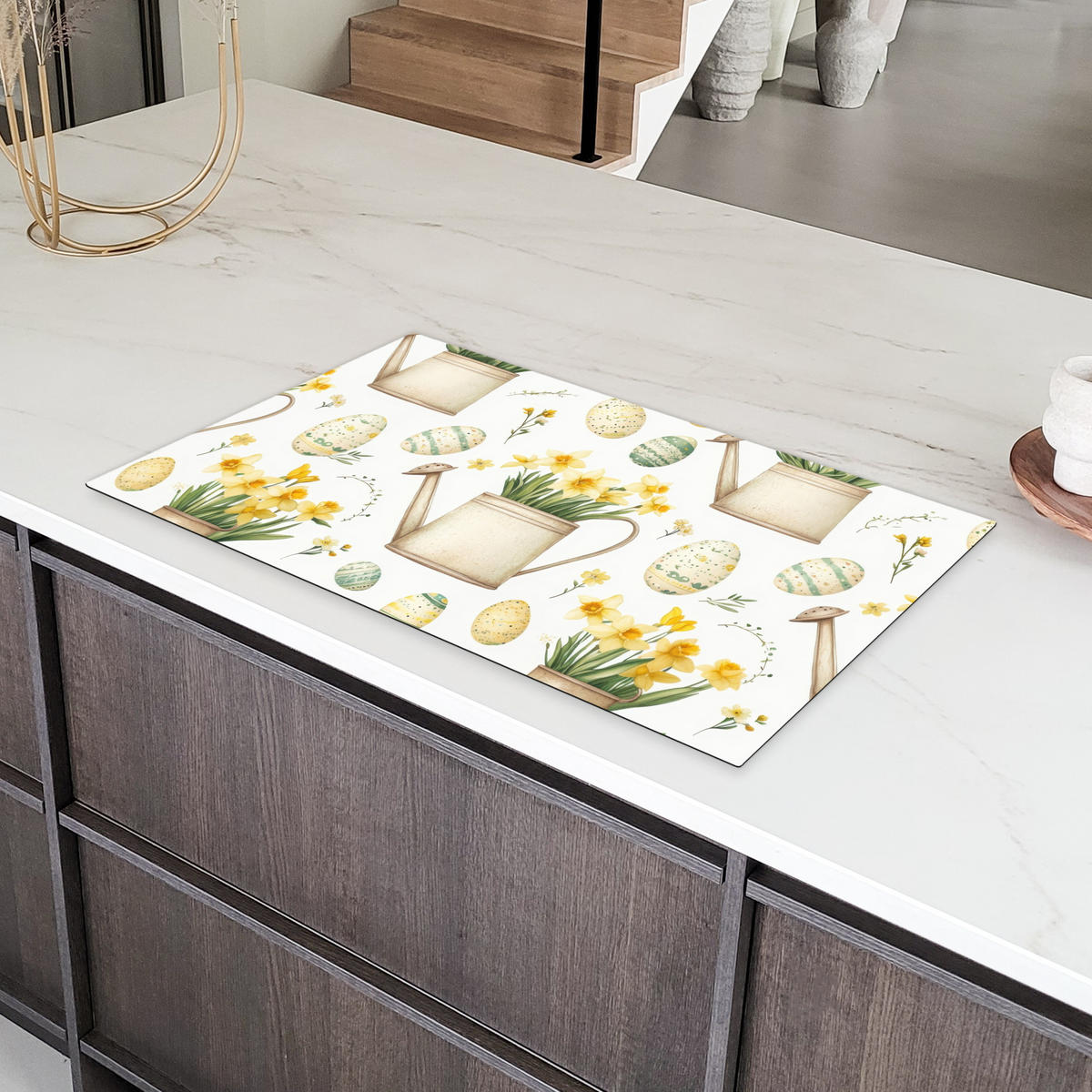 HERDABDECKPLATTE Gießkanne - Blumen - Eier Ceranfeldabdeckung 90x52 cm - Weiß, Kunststoff (90/52/0.2cm) - MuchoWow