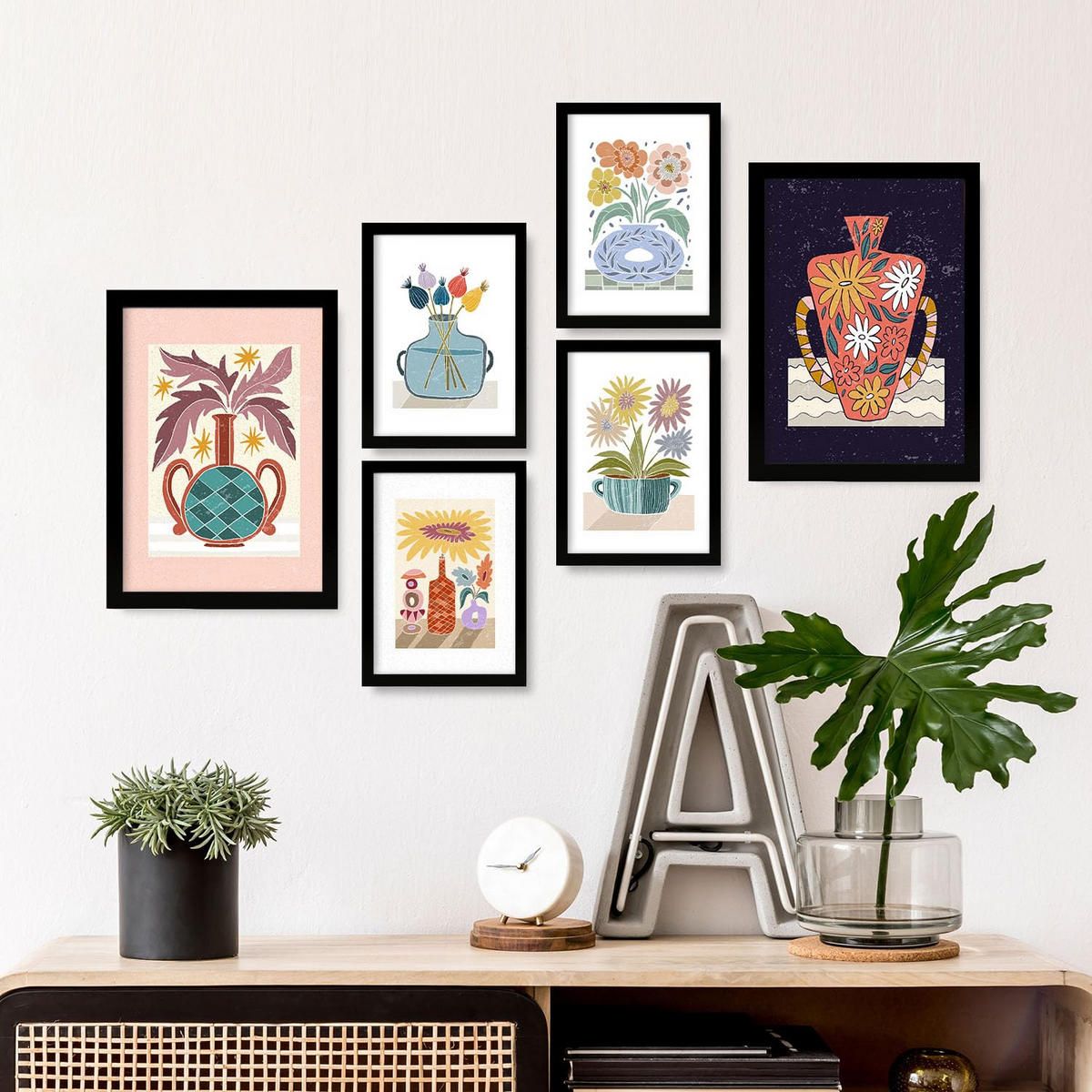POSTER Set Mit 6 Vase im ethnischen Stil Größe A3 & A4 Schwarzer Rahmen - Schwarz, Papier (29.7/1cm) - Nacnic