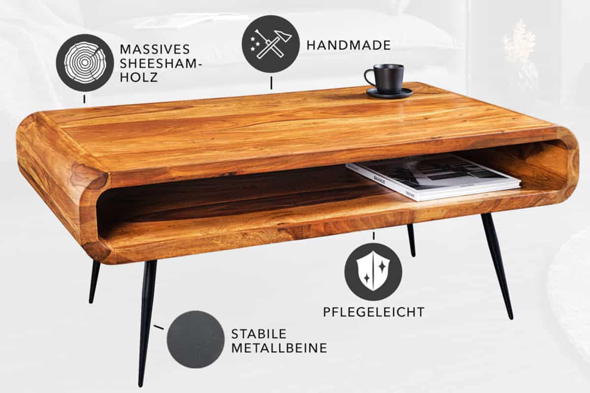 COUCHTISCH ALPHA Sheesham Finish 90 cm - Schwarz/Braun, Holz/Metall (50/90/40cm) - riess-ambiente