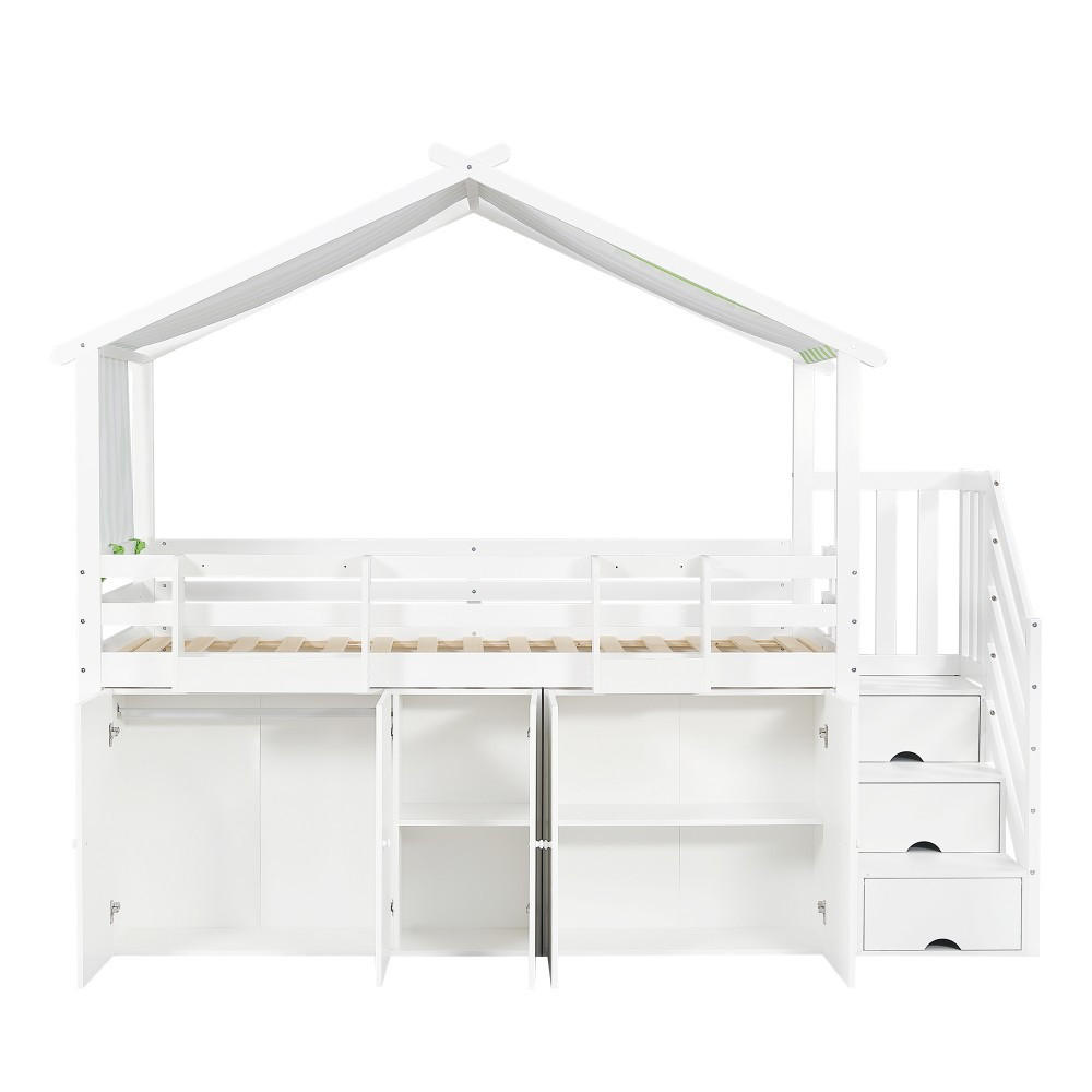 HAUSBETT 90x200cm in Weiß+Grün mit 1 Kleiderschrank und 2 Schließfächer - Weiß, Holz (90/200cm) - KOMHTOM