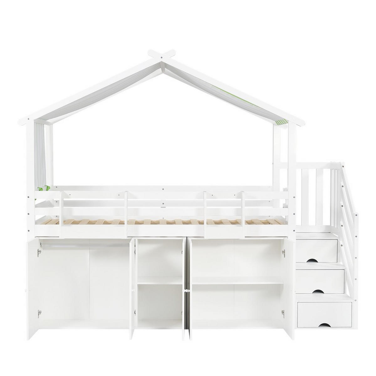 HAUSBETT 90x200cm in Weiß+Grün mit 1 Kleiderschrank und 2 Schließfächer - Weiß, Holz (90/200cm) - KOMHTOM