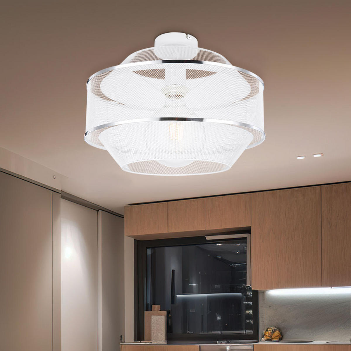 DECKENLEUCHTE Gitter Weiß Chromring Rund - Weiß, Metall (35/35/26cm) - Globo Lighting