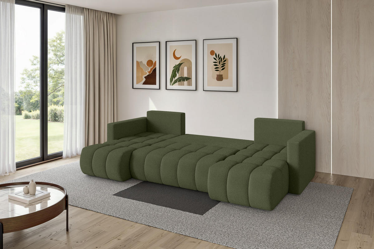 SEDACÍ SOUPRAVA DO U s funkcí spaní a úložným prostorem GARD-U 300x146x85 zelená bouclé - černá/zelená barva, kompozitní dřevo/textil (300/85/146cm) - ALTDECOR
