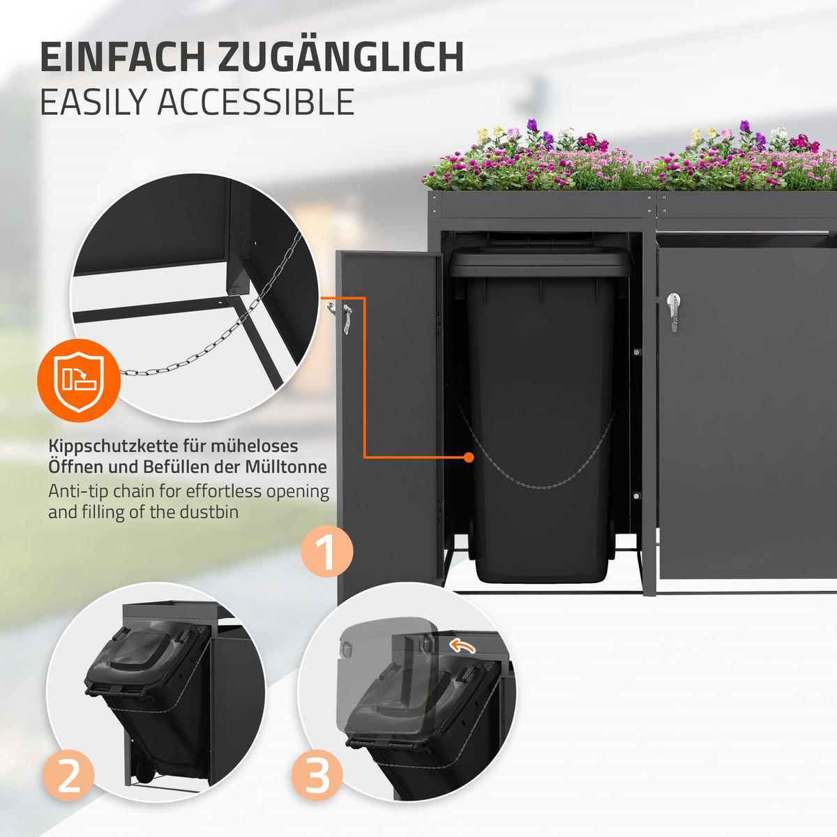SADA 2 popelnic s rostlinnou střechou antracitová - antracitová, kov (132/124/80cm) - ML-DESIGN