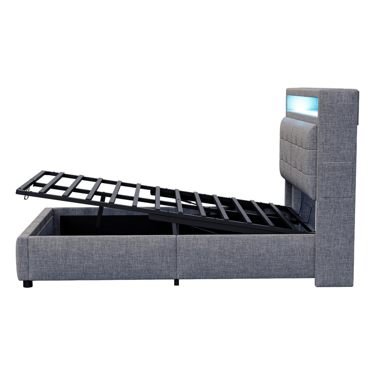 POLSTERBETT 140/200 cm Grau aus Leinenstoff mit LED-Beleuchtung und USB-Anschluss - Grau, Textil (140/200cm) - OKMYHOME