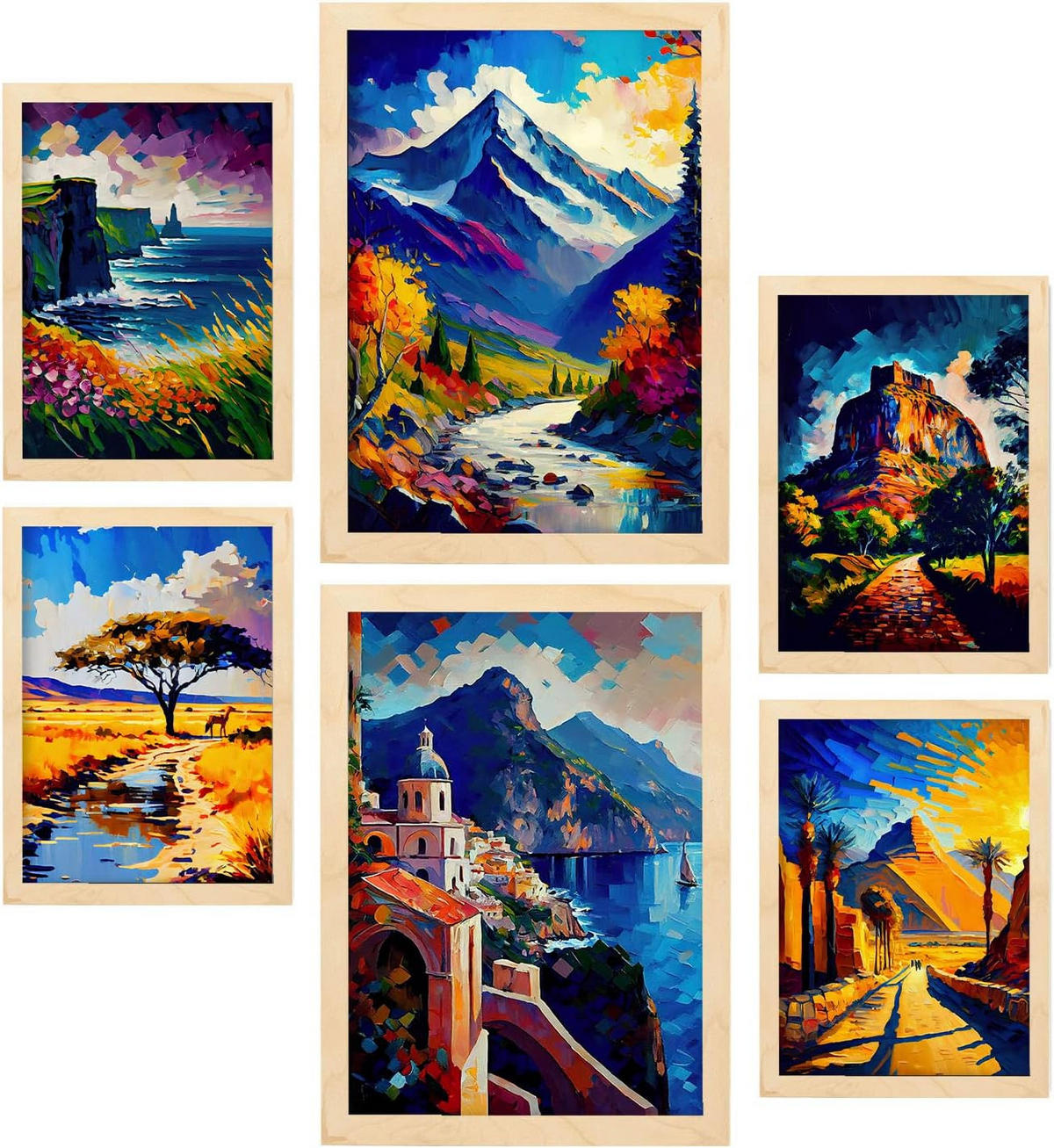 POSTER Set Mit 6 Im Ölgemälde Stil A3 & A4 Rahmen Aus Hellem Holz - Beige, Papier (29/3cm) - Nacnic