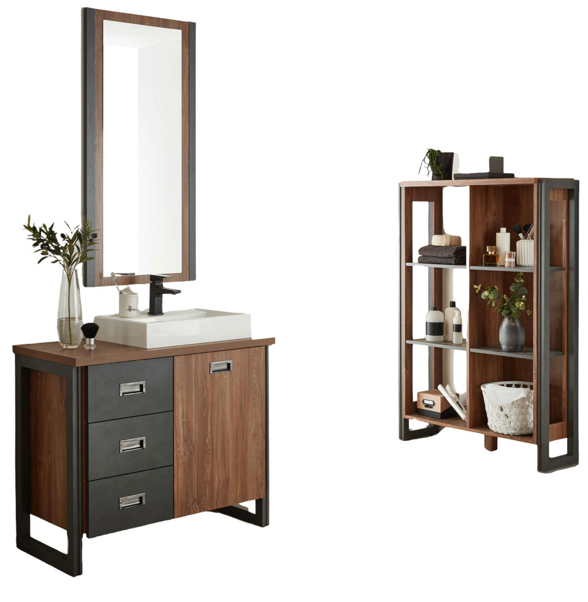 BADMÖBEL-SET 4-teilig Eiche Stirling, Matera grau, Badkombination MIT Waschbecken 201 x 205 cm - Eichefarben/Grau, Holzwerkstoff (201/205/40cm)