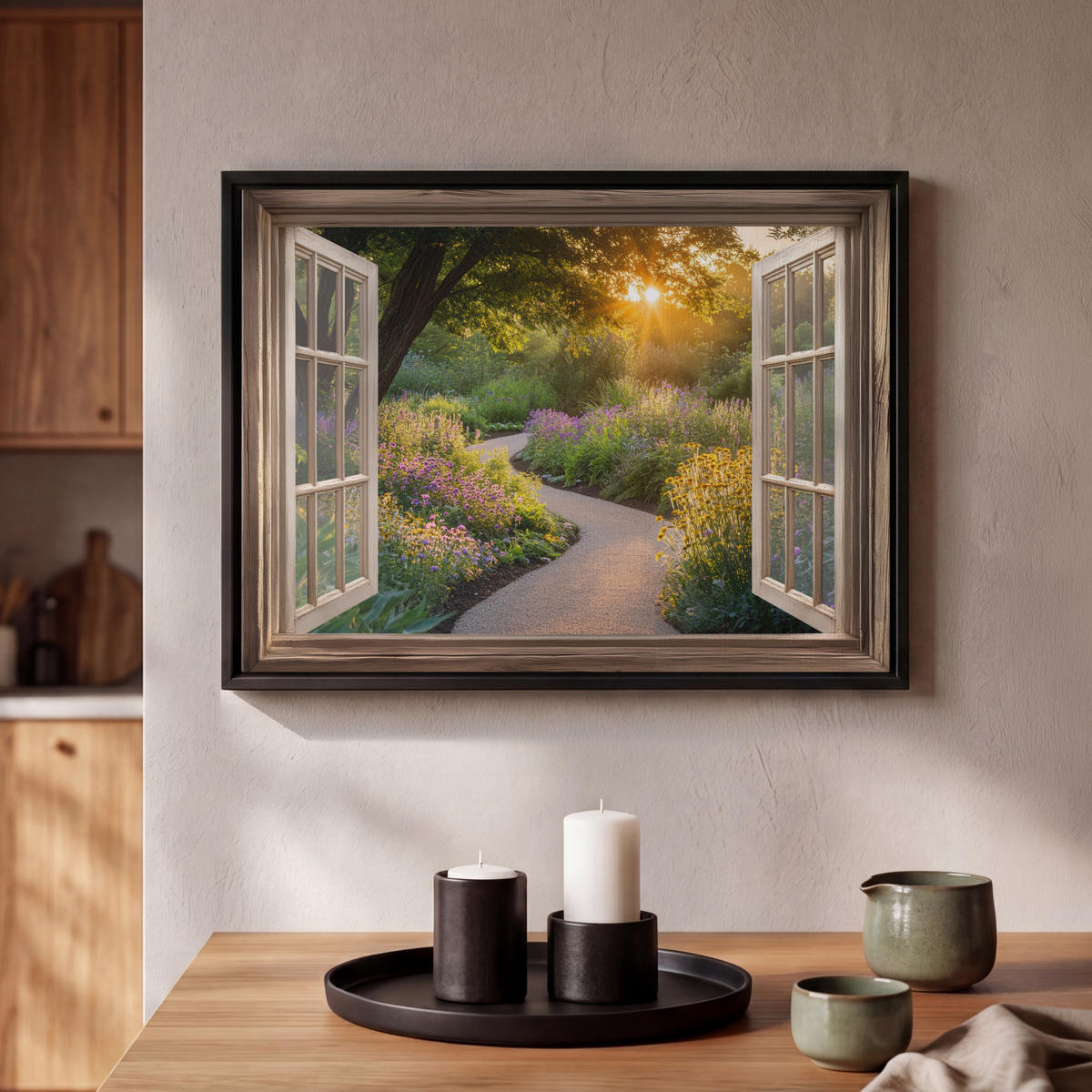 LEINWAND Bilder mit Rahmen - Aussicht - Blumen - Natur - Sonne - Weg - 40x30 - Hellgelb, Textil (40/30cm) - MuchoWow
