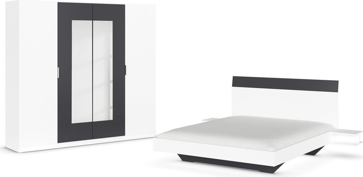SCHLAFZIMMER Monza in Weiß und Grau Metallic mit Bettanlage 160x200cm, 2 Nachttischen und Drehtürenkleiderschrank 4türig mit Spiegel - Weiß, Holzwerkstoff (80/200/120cm)