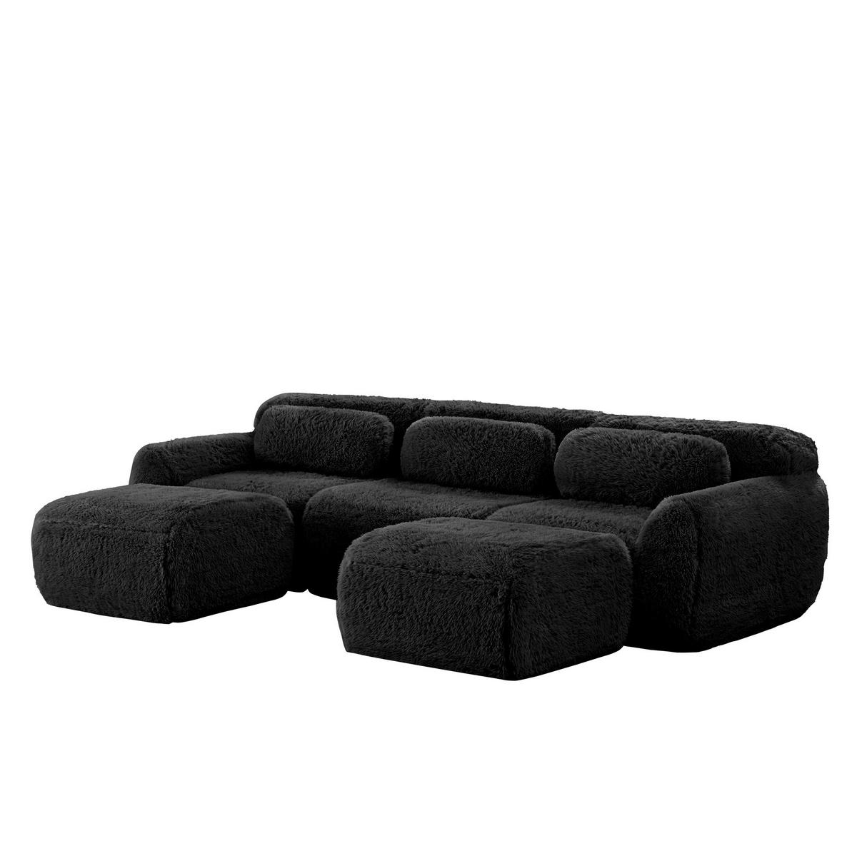 ECKSOFA 291/179/73 cm schwarz aus Plüsch mit U-Form, rutschfester Basis und Kissen - Schwarz, Textil (179/291cm) - OKWISH