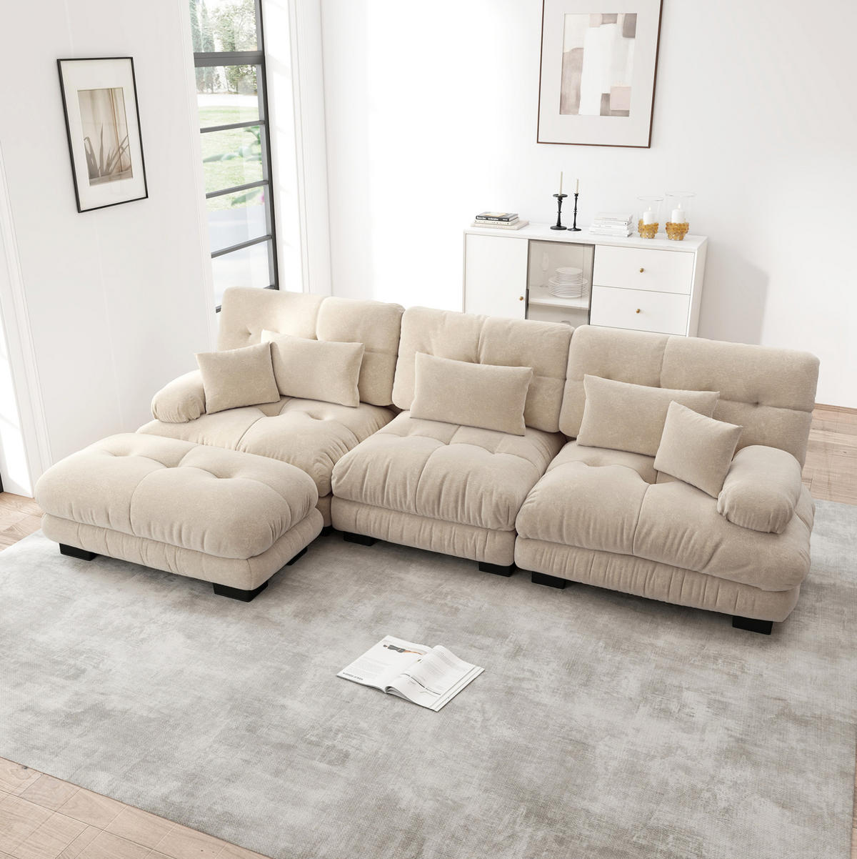 ECKSOFA mit beweglichen Ottomane, tiefem Sitz und Vintage-Chenille-Bezug, Hellkaffee - Cappuccino, Textil (313/145cm) - Redom