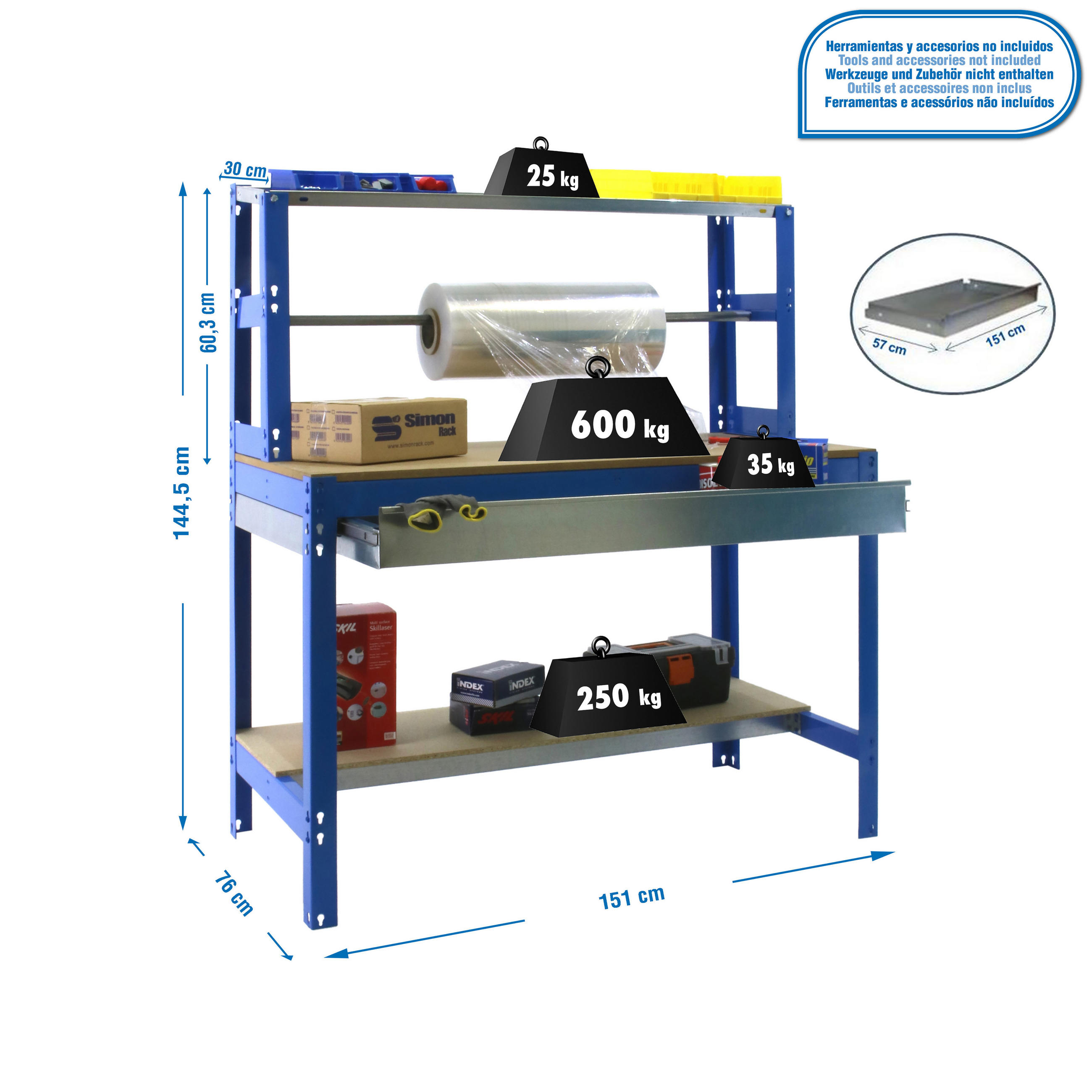 PACKTISCH BUFFALO mit Schubfach | HxBxT 84x150x76cm | Traglast 600kg | Blau - Blau, Metall (150/84/76cm) - PROREGAL