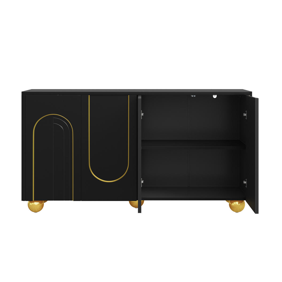 SIDEBOARD 4 Türen Goldlinien Design Kugelfüße Modern Schrank - Schwarz, Holzwerkstoff (140/74/40cm) - FLIEKS
