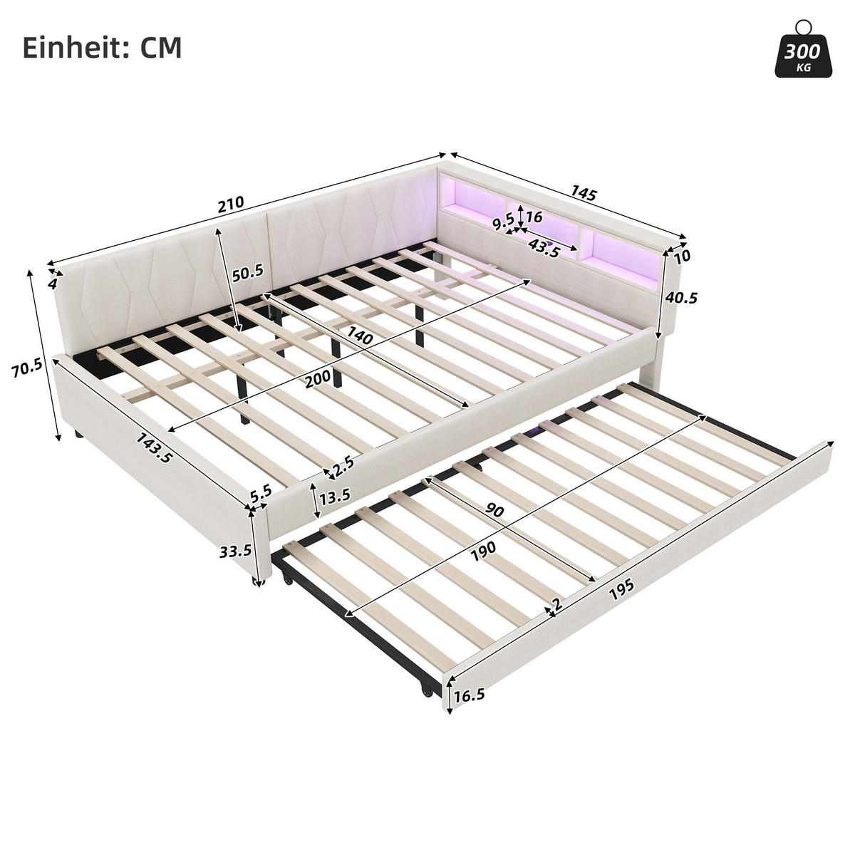 KREVET 140/200 cm s izvlačnim ležajem, USB i Type-C priključkom, LED rasvjetom i odlaganjem uz uzglavlje, Bež - bež, tekstil (140/200cm) - Redom