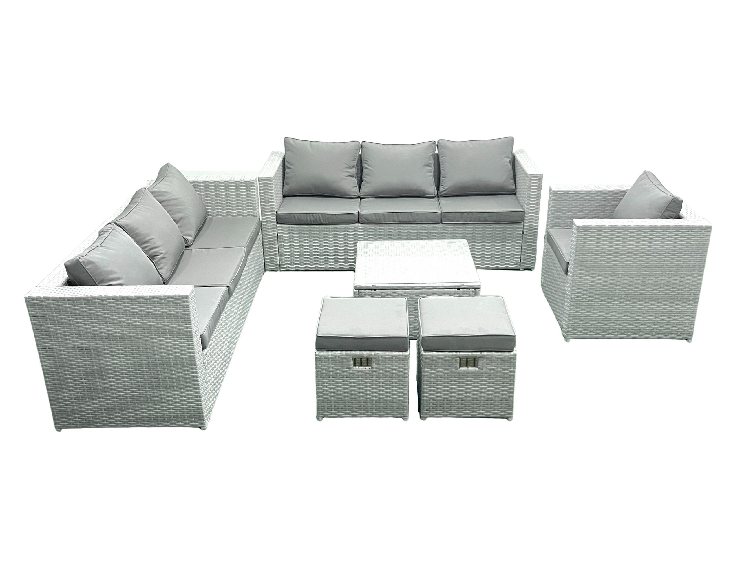 GARTENMÖBEL-SET mit Kissen Polyrattan Hellgrau-Mix 9-Sitzer - Hellgrau/Grau, Glas/Kunststoff - Fimous