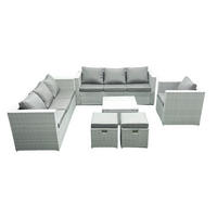 GARTENMÖBEL-SET mit Kissen Polyrattan Hellgrau-Mix 9-Sitzer - Hellgrau/Grau, Glas/Kunststoff - Fimous