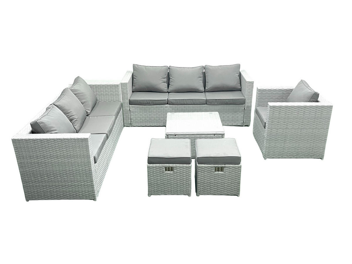 GARTENMÖBEL-SET mit Kissen Polyrattan Hellgrau-Mix 9-Sitzer - Hellgrau/Grau, Glas/Kunststoff - Fimous