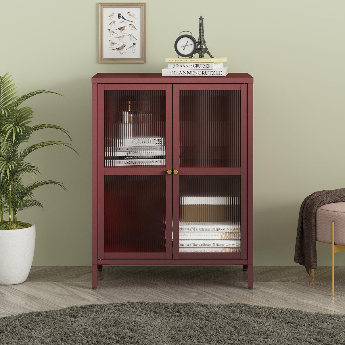 VITRINE Säkylä - Transparent/Bordeaux, Glas/Metall (64/84/35cm) - [en.casa]